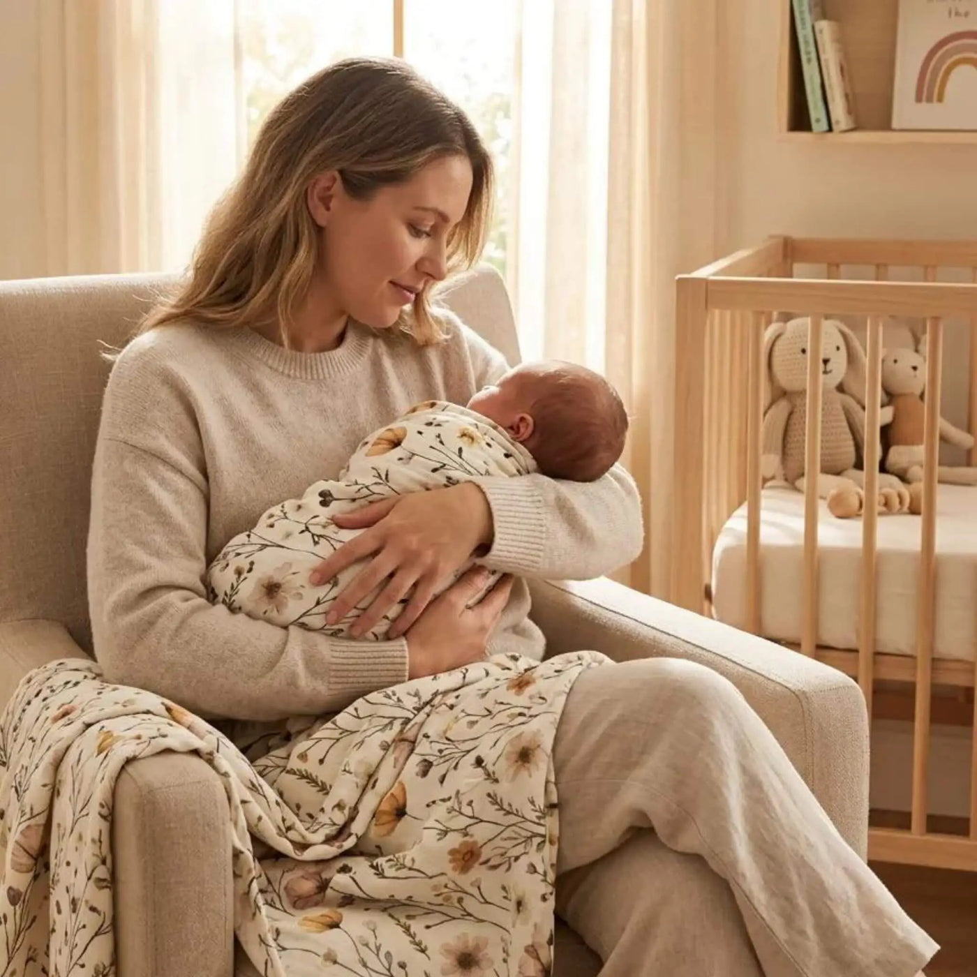 Soft sarı ve pembe tonlarda çiçek desenli müslin bebek örtüsü kullanan anne ve bebek
