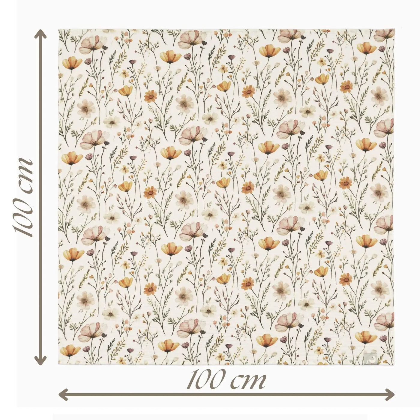 Soft çiçek desenli müslin bebek örtüsü ölçü diyagramı 100x100 cm