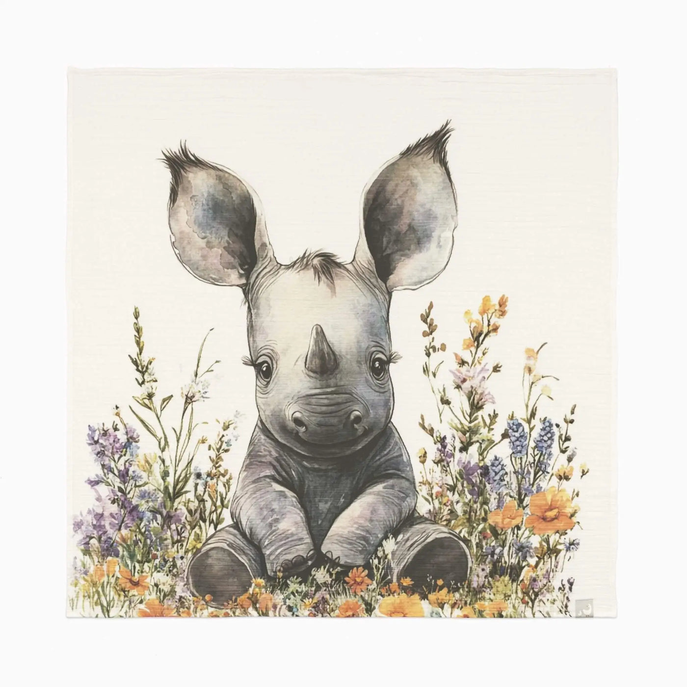 Beyaz arka planda Rina Rhino desenli %100 pamuk müslin bebek örtüsü 100x100 cm