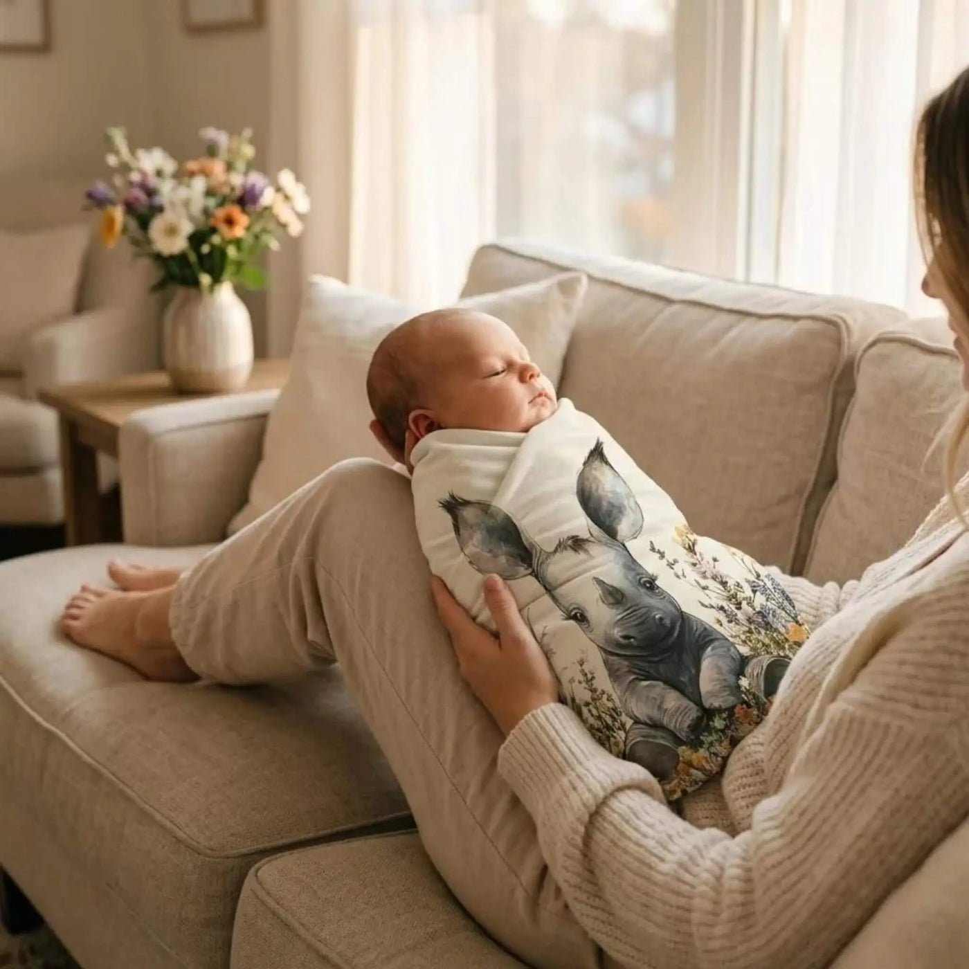 Gergedan ve çiçek desenli müslin bebek örtüsü kullanan anne ve bebek