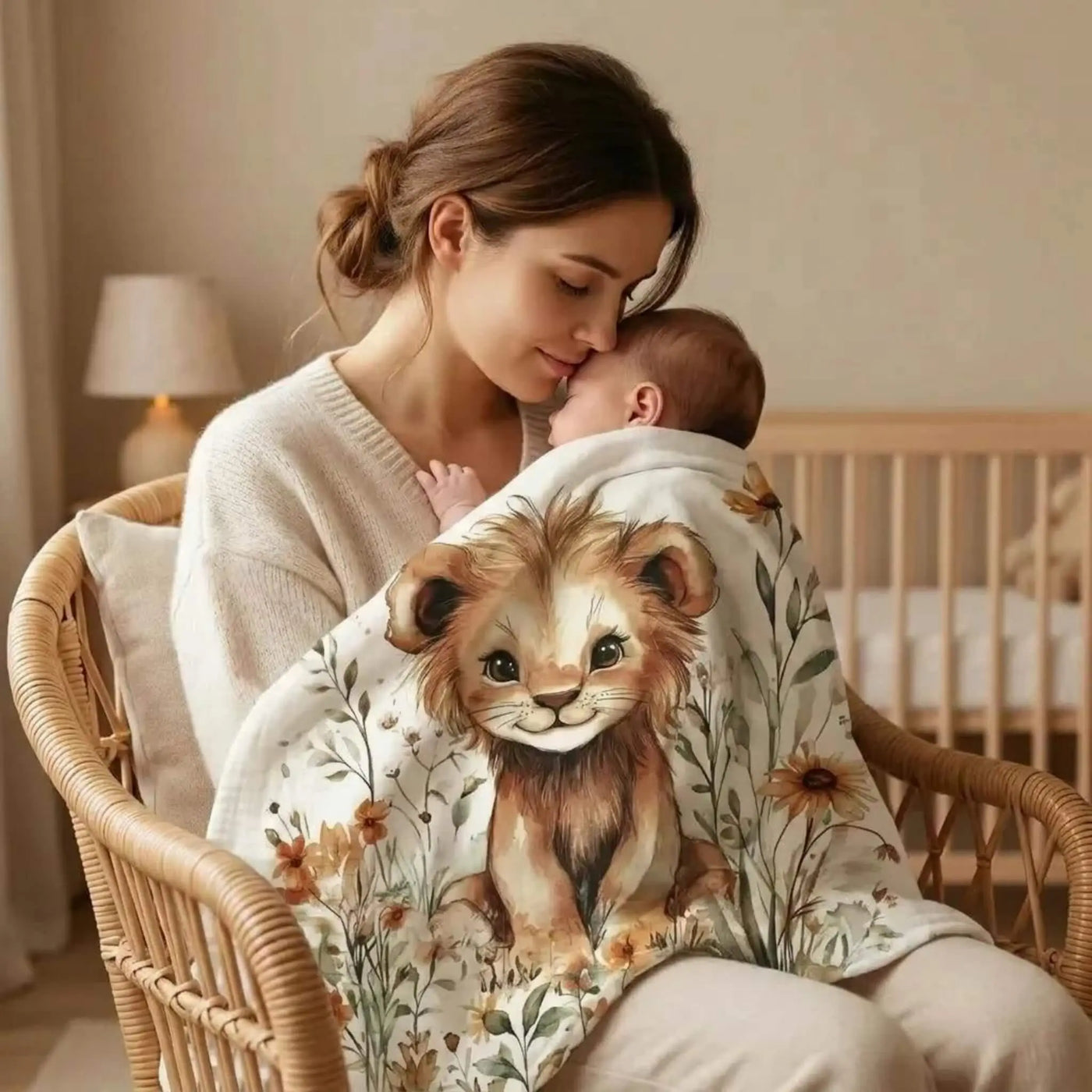 Sarı bebek aslan desenli müslin bebek örtüsü kullanan anne ve bebek