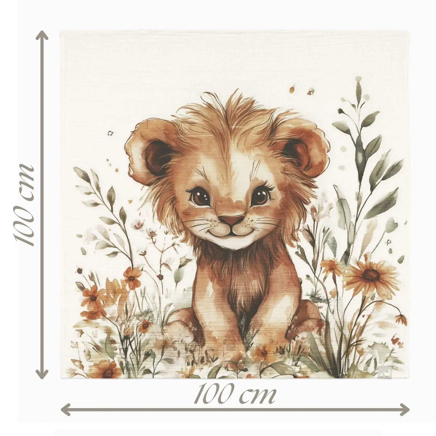 Aslan figürlü müslin bebek örtüsü ölçü diyagramı 100x100 cm