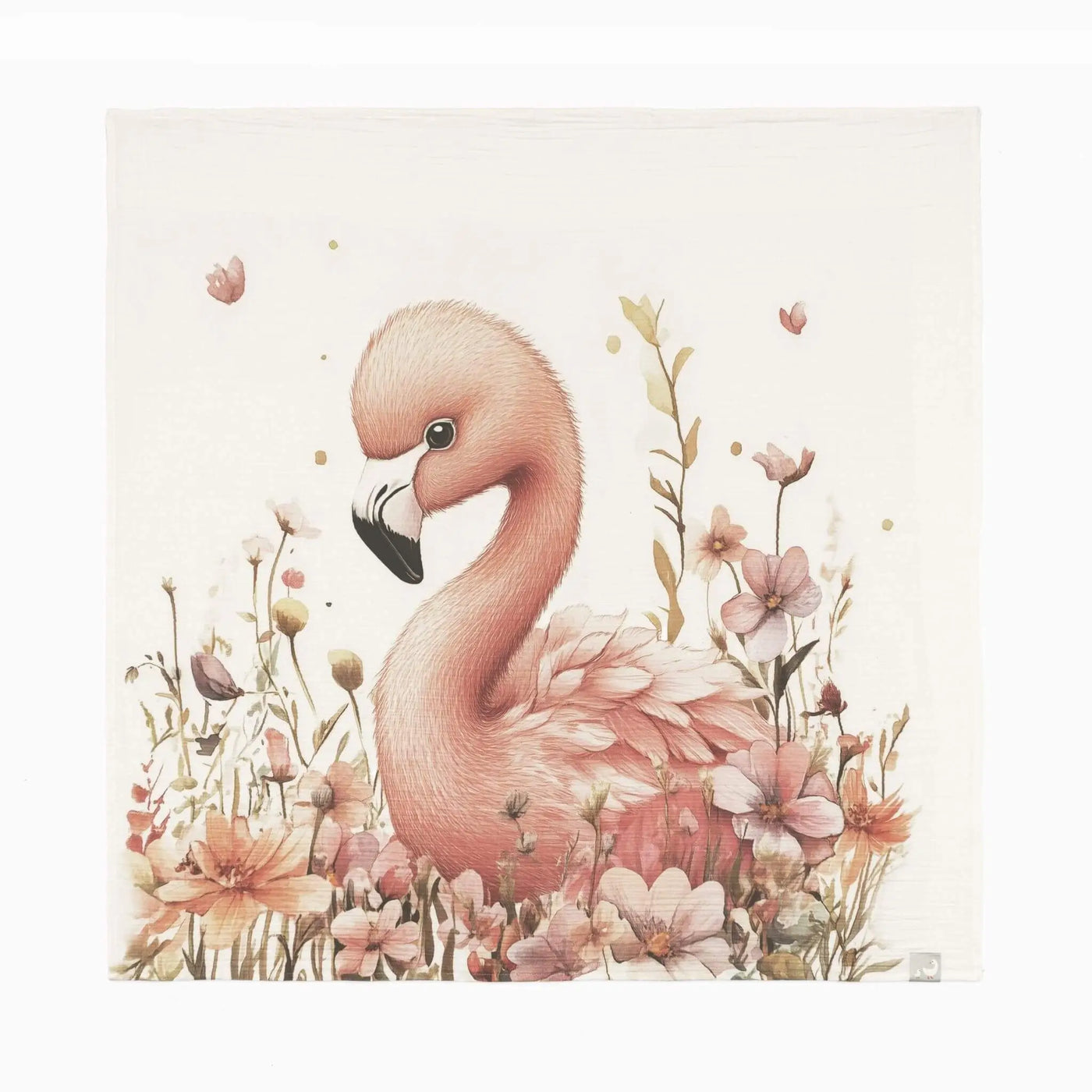Beyaz arka planda pembe Flamingo ve çiçek desenli %100 pamuk müslin bebek örtüsü 100x100 cm