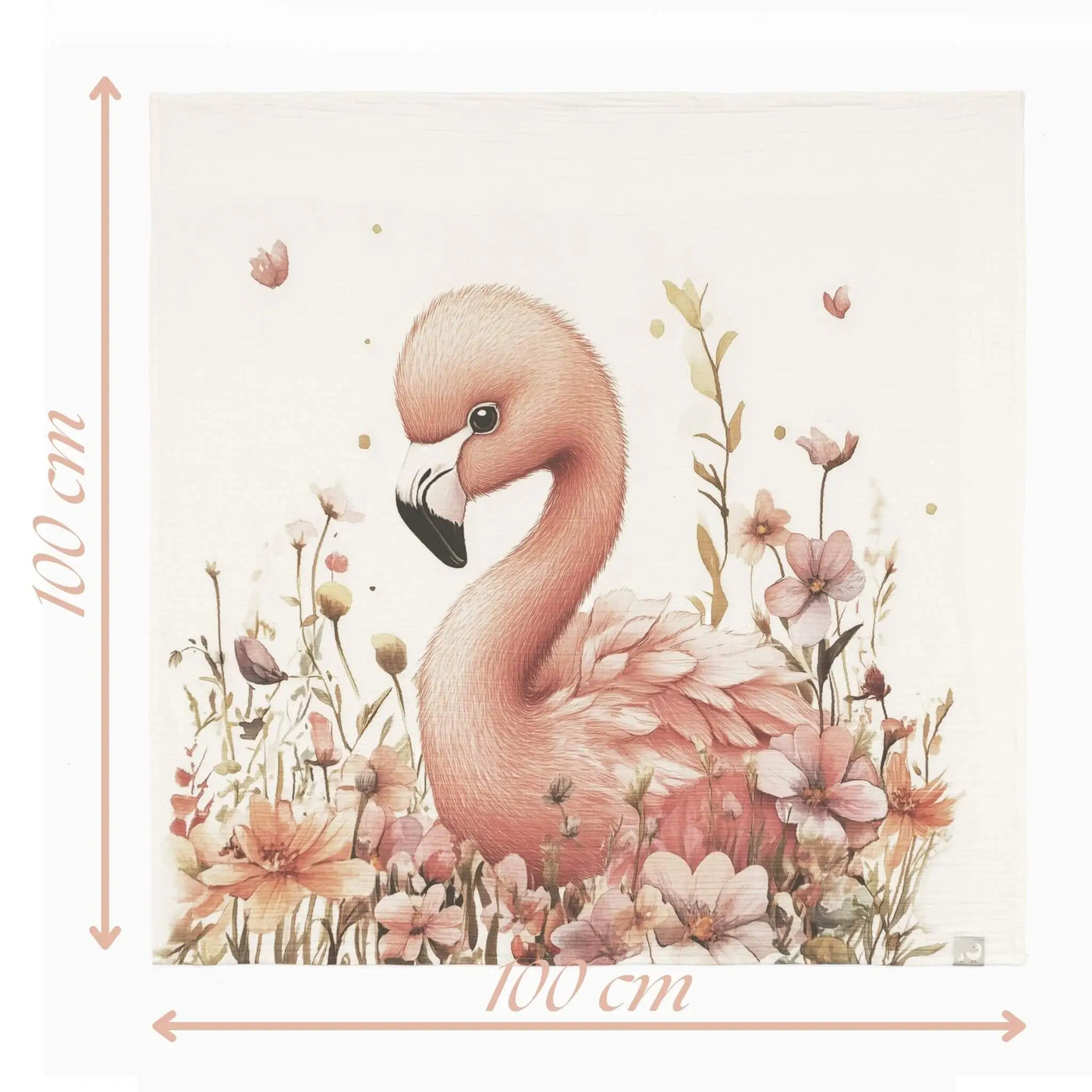 Pembe Flamingo desenli müslin bebek örtüsü ölçü diyagramı 100x100 cm