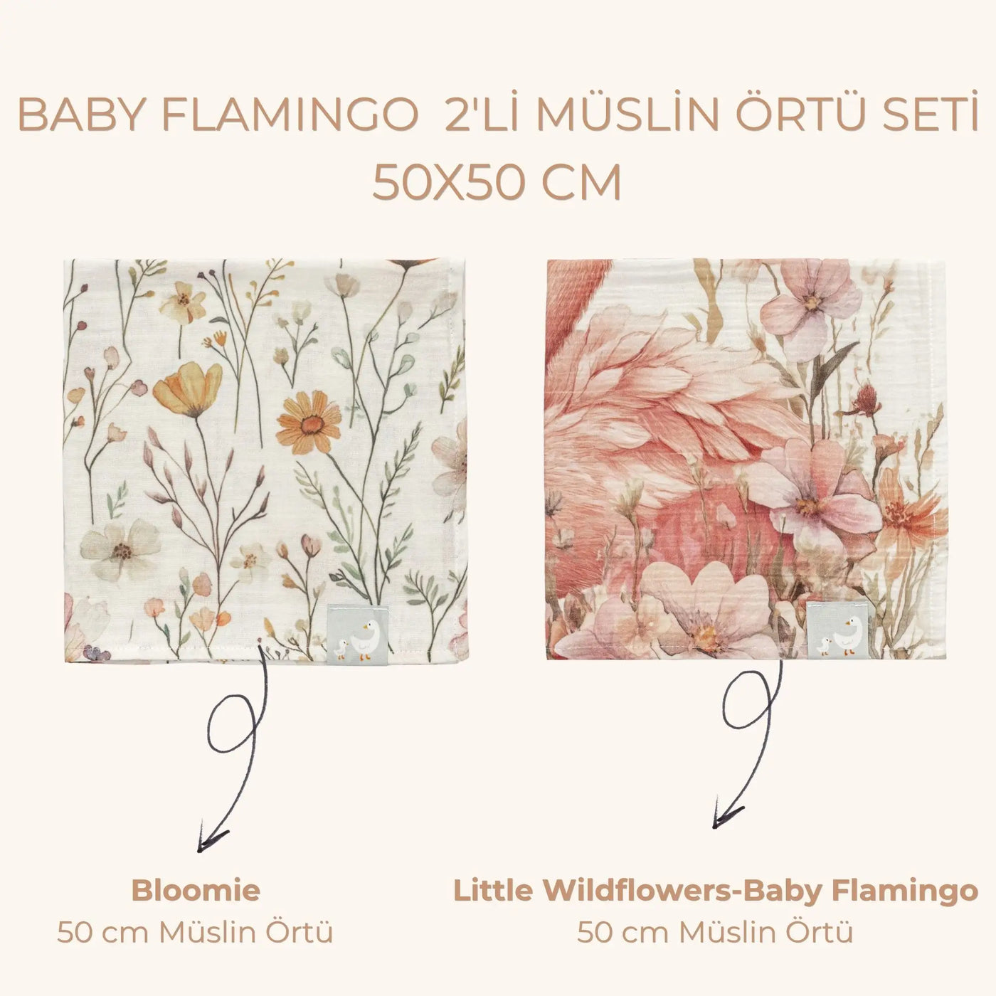 Flamingo ve çiçek desenlerinden oluşan müslin örtü seti özellikleri ve detayları