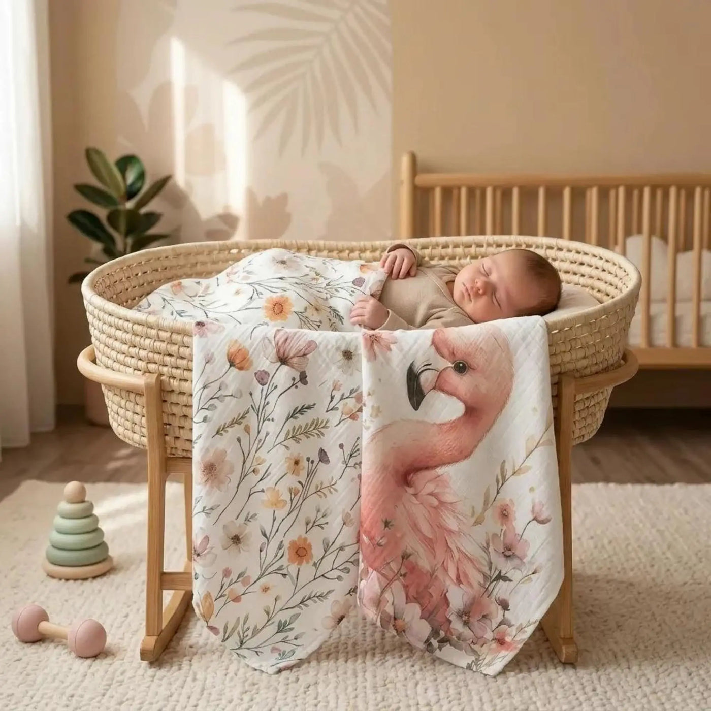 Pembe flamingo ve çiçek desenli müslin örtü seti kullanan anne ve bebek