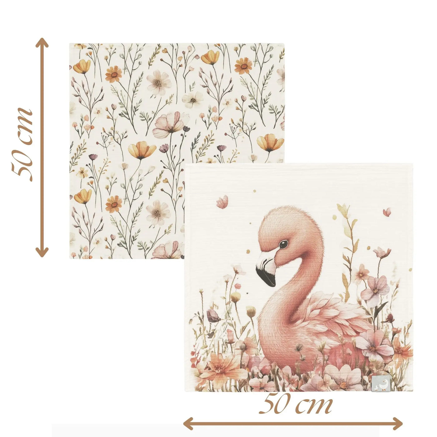 Flamingo ve renkli çiçek desenli müslin örtü seti ölçü diyagramı nan