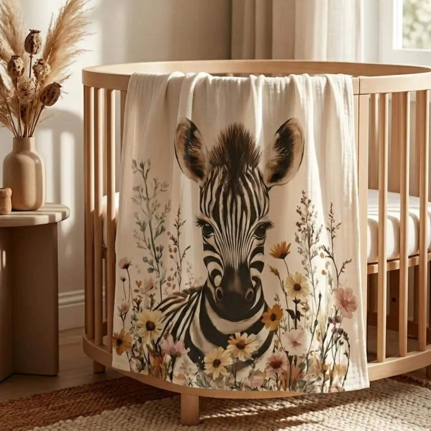 Beyaz arka planda Zebra ve çiçek desenli müslin bebek örtüsü kullanan anne ve bebek