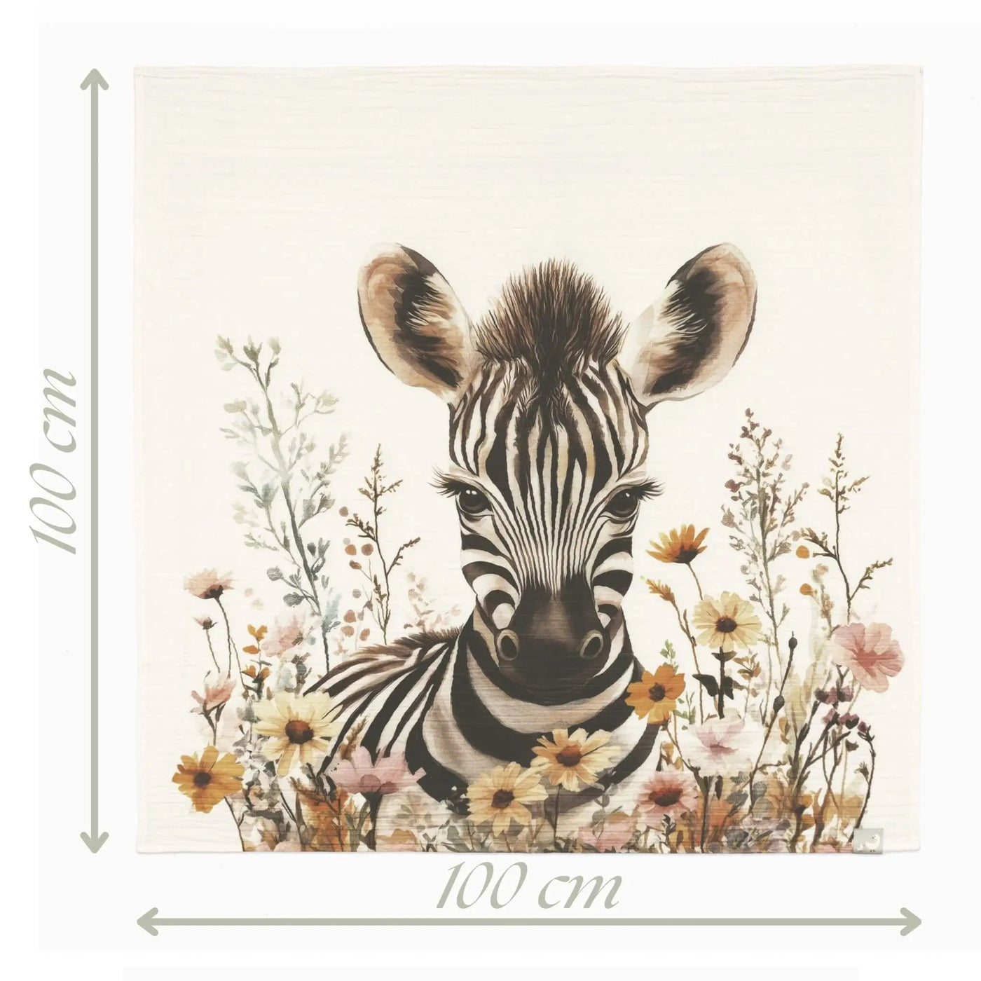 Beyaz arka planda Zebra ve çiçek desenli %100 pamuk müslin bebek örtüsü 100x100 cm