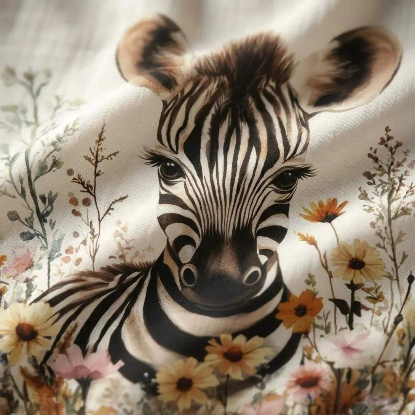 Beyaz arka planda Zebra ve çiçek desenli müslin kumaş yakın çekim - müslin bebek örtüsü