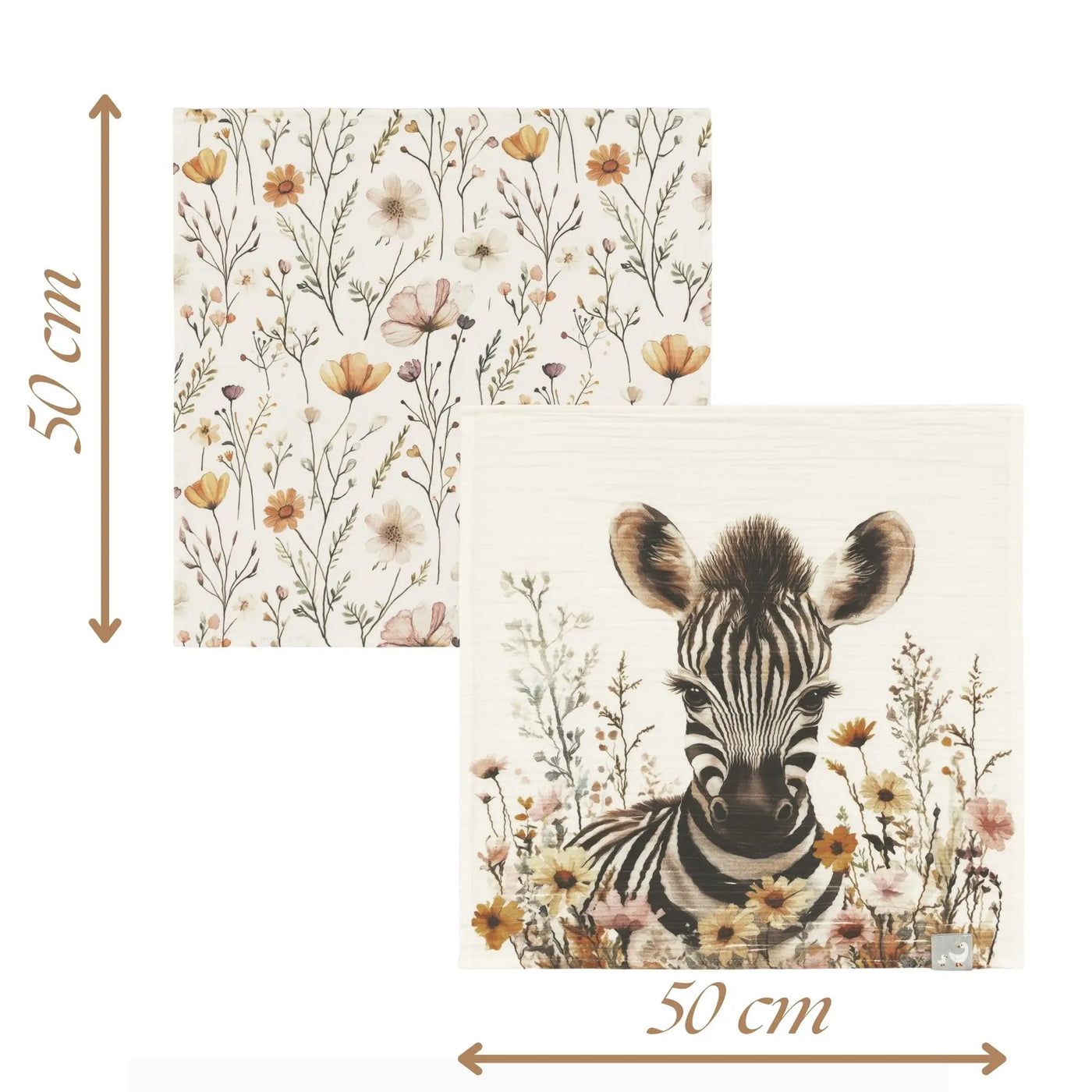Beyaz arka planda Zebra desenli ve çiçek desenli 2'li müslin örtü seti ölçü diyagramı 50x50 cm